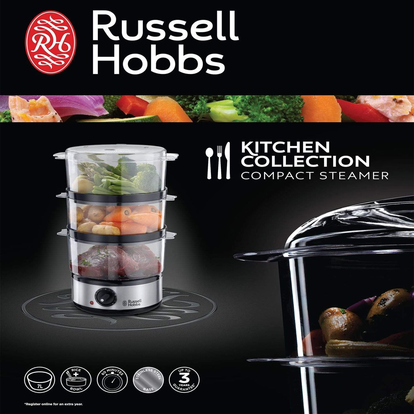 Russell Hobbs Compact 3 Tier Food Steamer - 14453