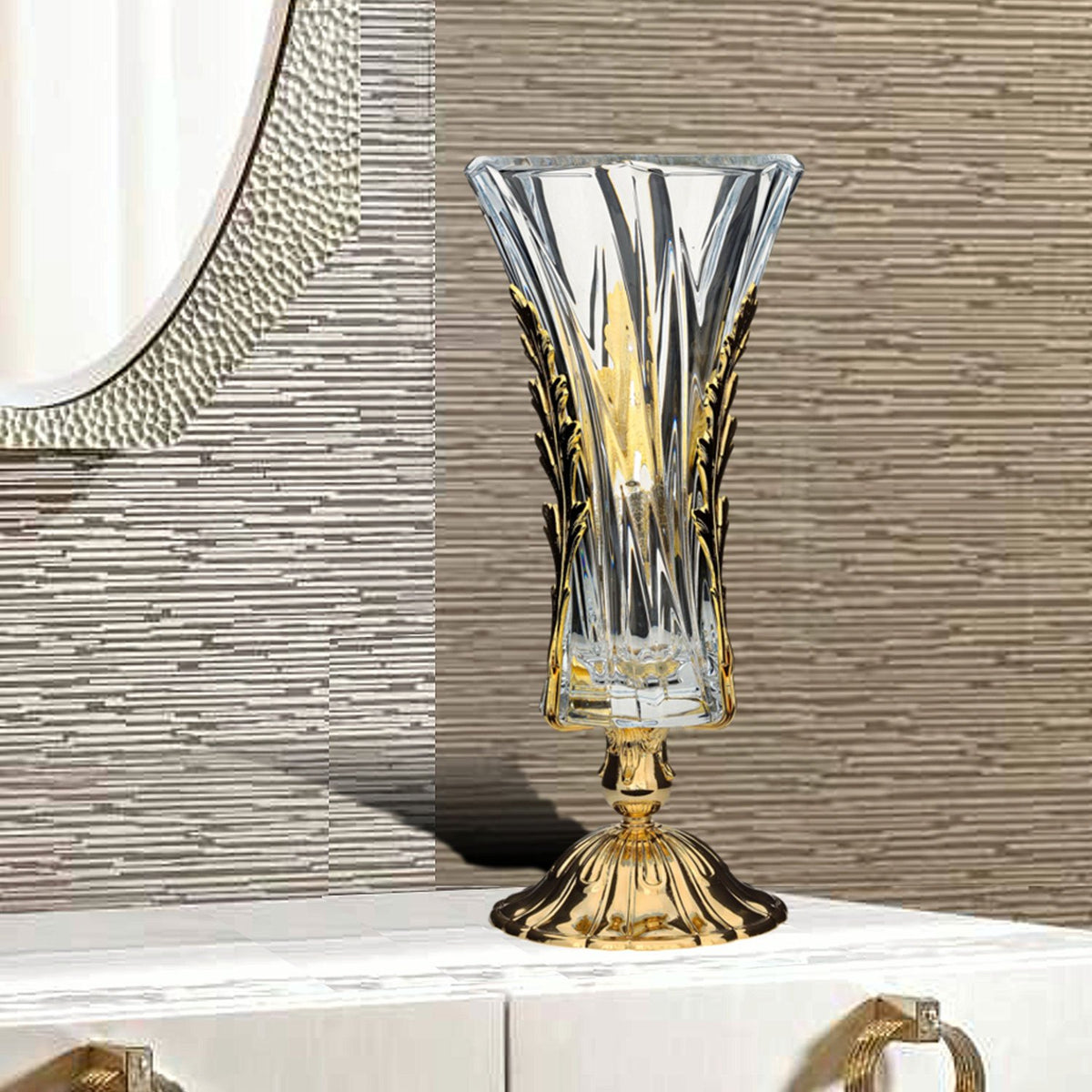 DUBAI VASE CLEAR GLASS GOLD METAL BASE WITH LEAVES - DC3203