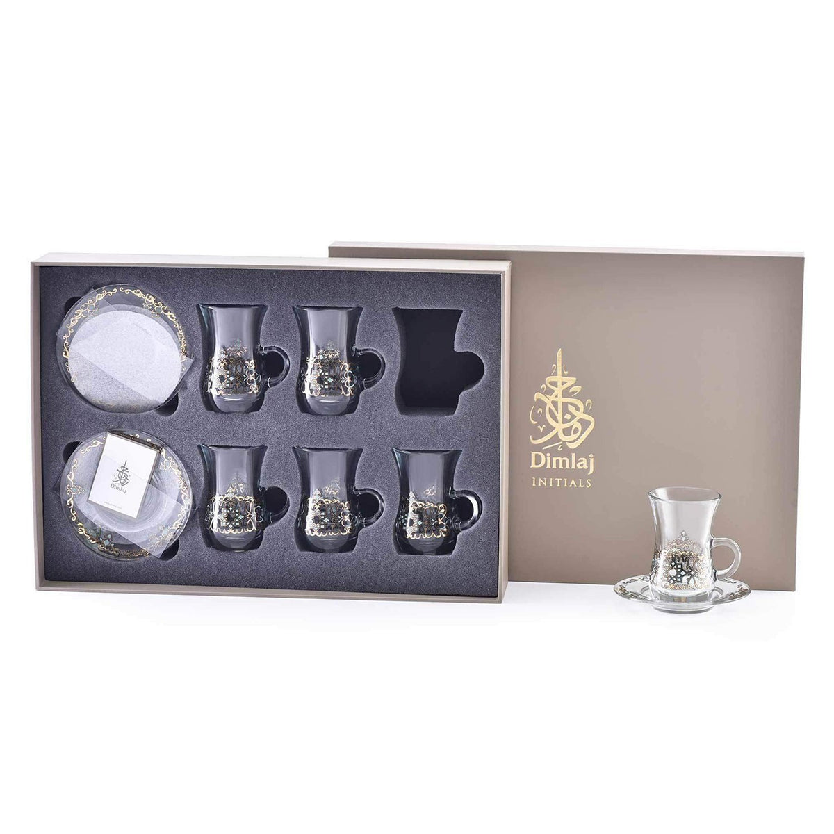 Dimlaj Regal Tea Glass and Saucer - Gold and Green, Set of 12 - 20805 - Jashanmal Home