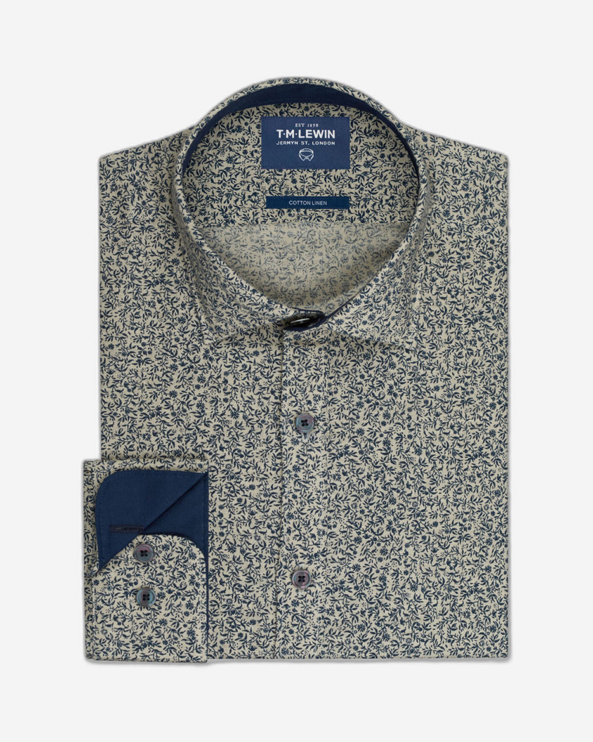 CASUAL SLIM FIT ECRU FLORAL BUTTON CUFF SHIRT