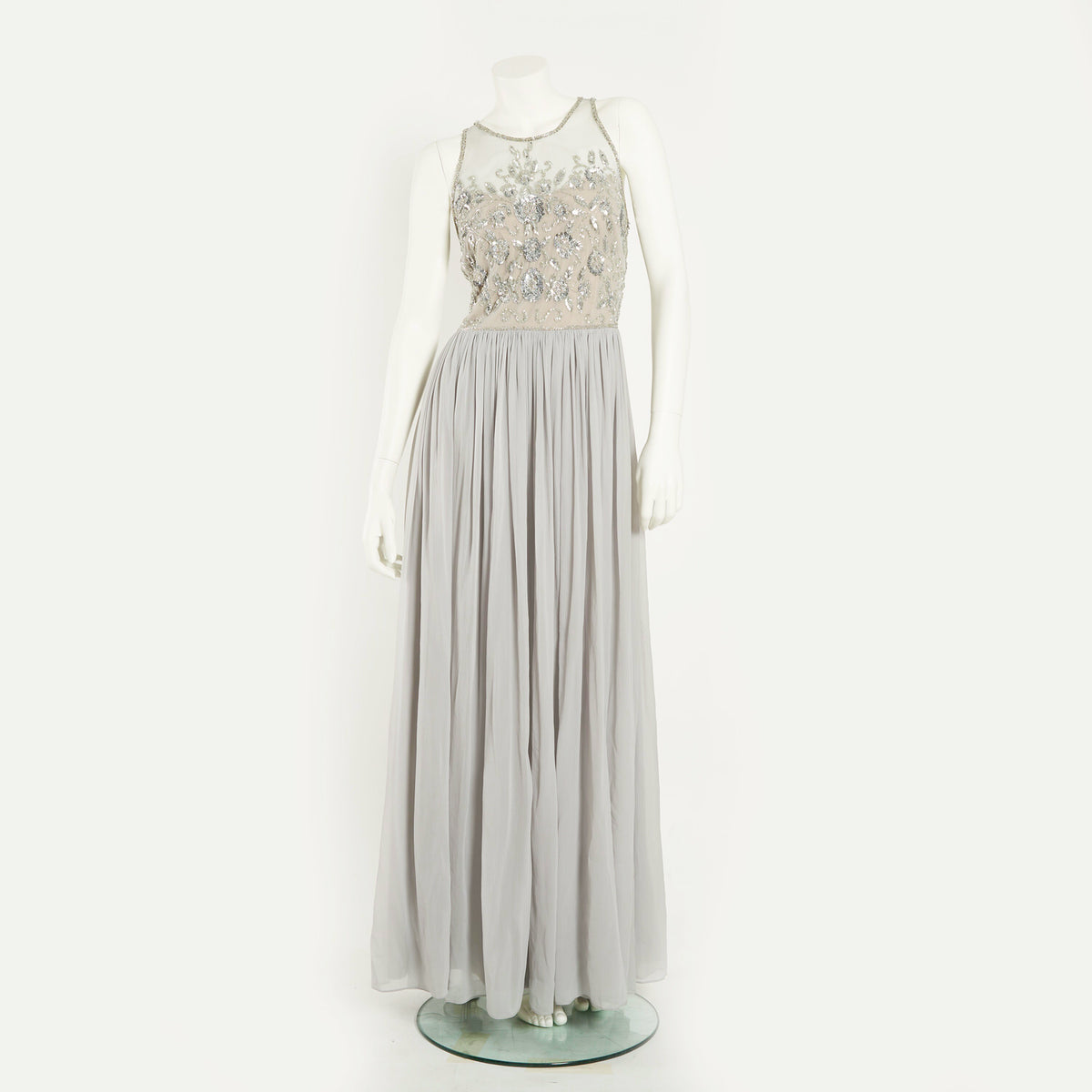 BEAD BODICE LONG CHIFFON DRESS