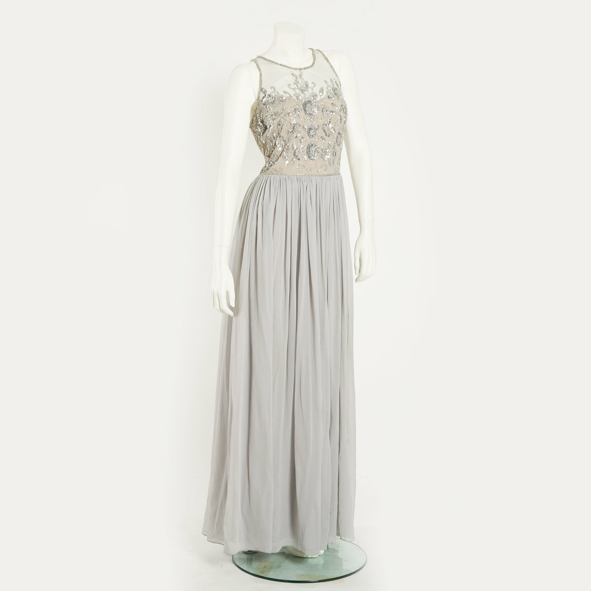 BEAD BODICE LONG CHIFFON DRESS