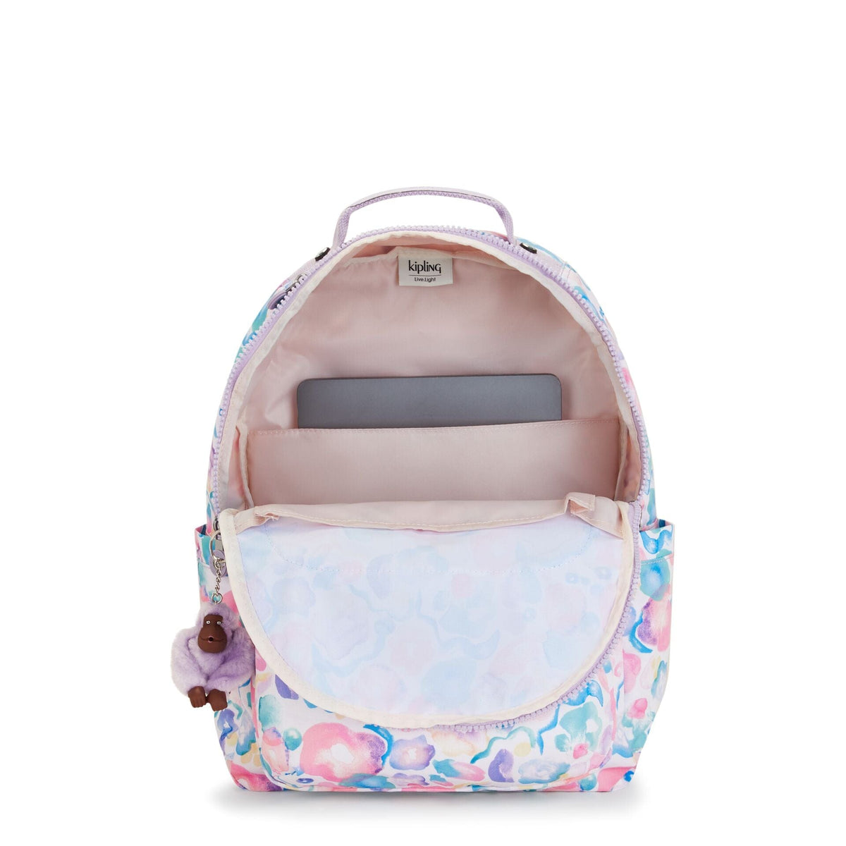 Kipling-Seoul-Large Backpack With Padded Laptop Compartment-Aqua Flowers-I4851-2Fw