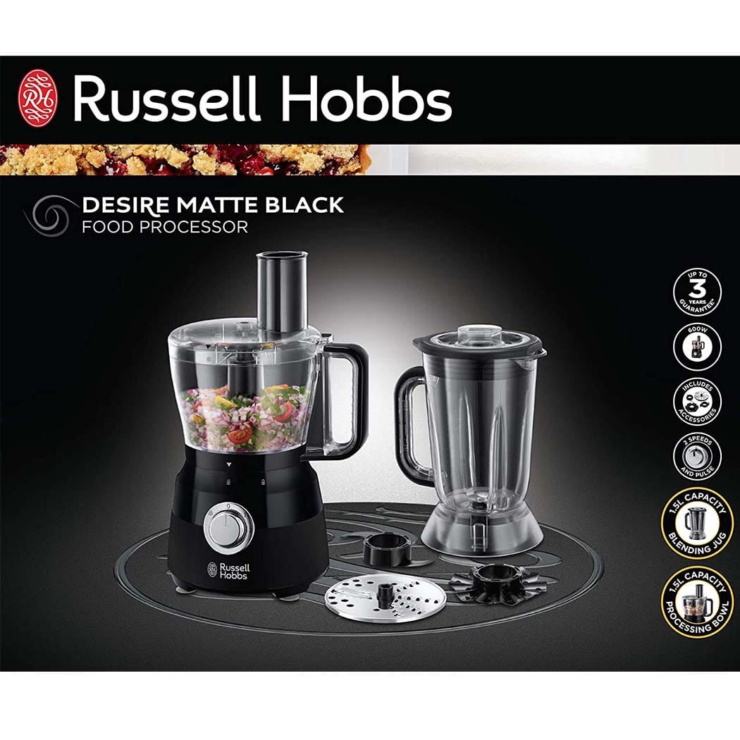 Russell Hobbs Desire Food Processor, 1.5 Litre Food Mixer With 5 Chopping, Slicing And Dough Attachments, Matte Black, 600 W - 24732