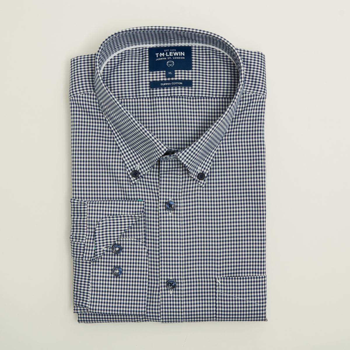 OXFORD WEAVE SUPIMA  COTTON SLIM FIT NAVY GINGHAM BUTTON CUFF SHIRT