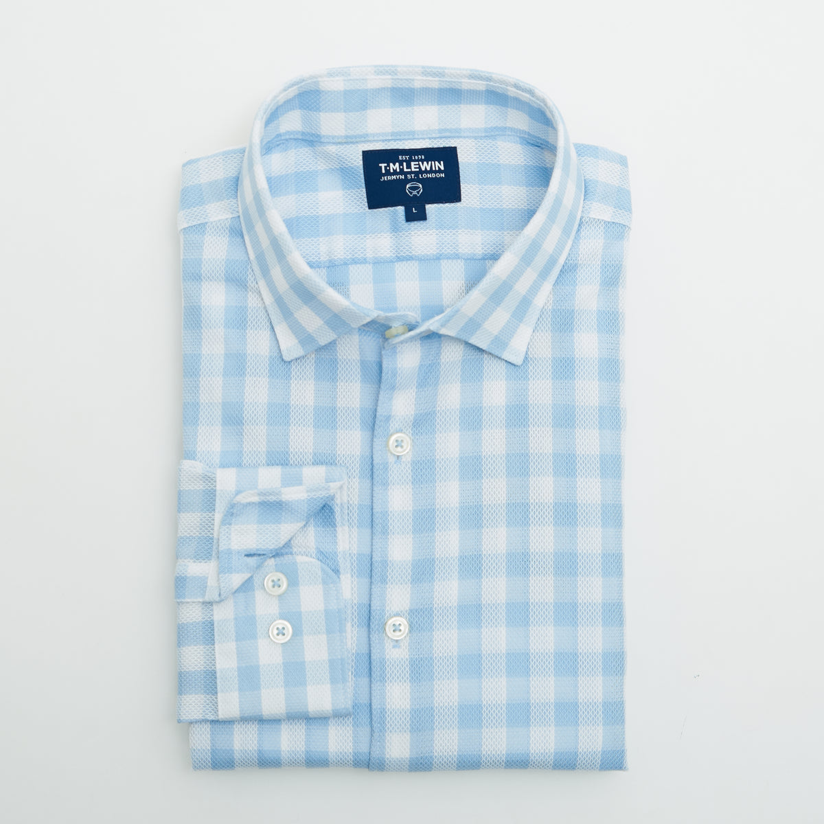 LENO WEAVE SLIM FIT BLUE CHECK BUTTON CUFF SHIRT