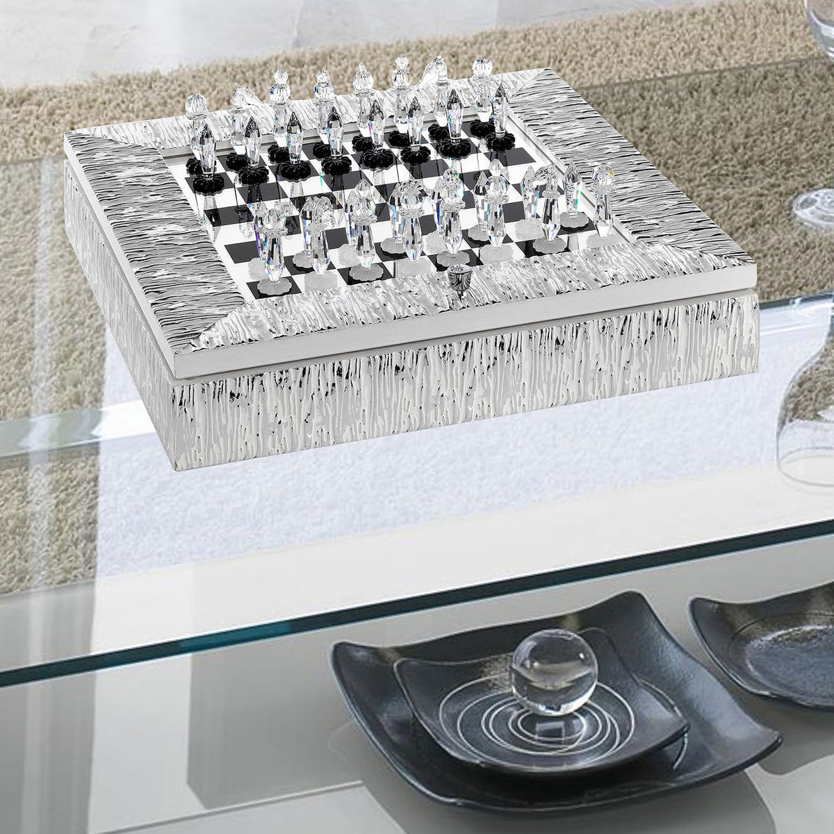 CHESSBOARD ICE EFFECT WOODEN SILVER FRAME AND CRYSTAL CHESS - DC5565/AG