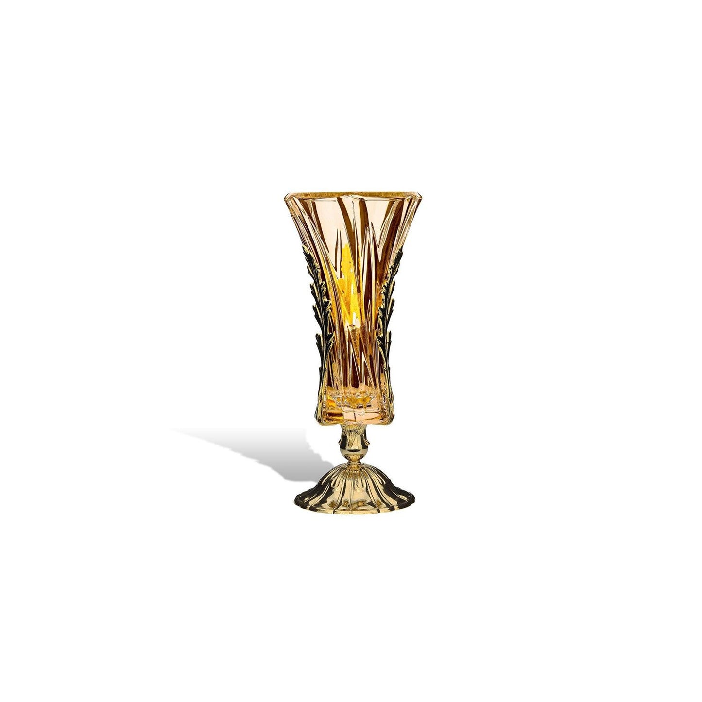 DUBAI VASE AMBER GLASS GOLD METAL BASE WITH LEAVES - DC3203/OR-AM