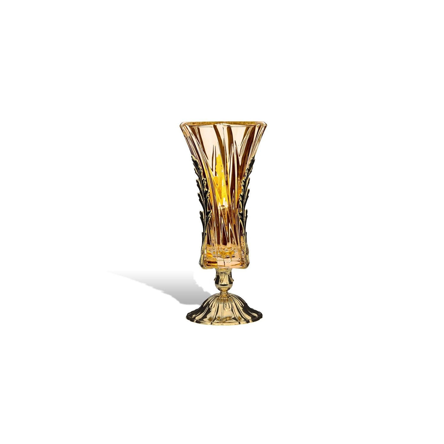 DUBAI VASE AMBER GLASS GOLD METAL BASE WITH LEAVES - DC3203/OR-AM