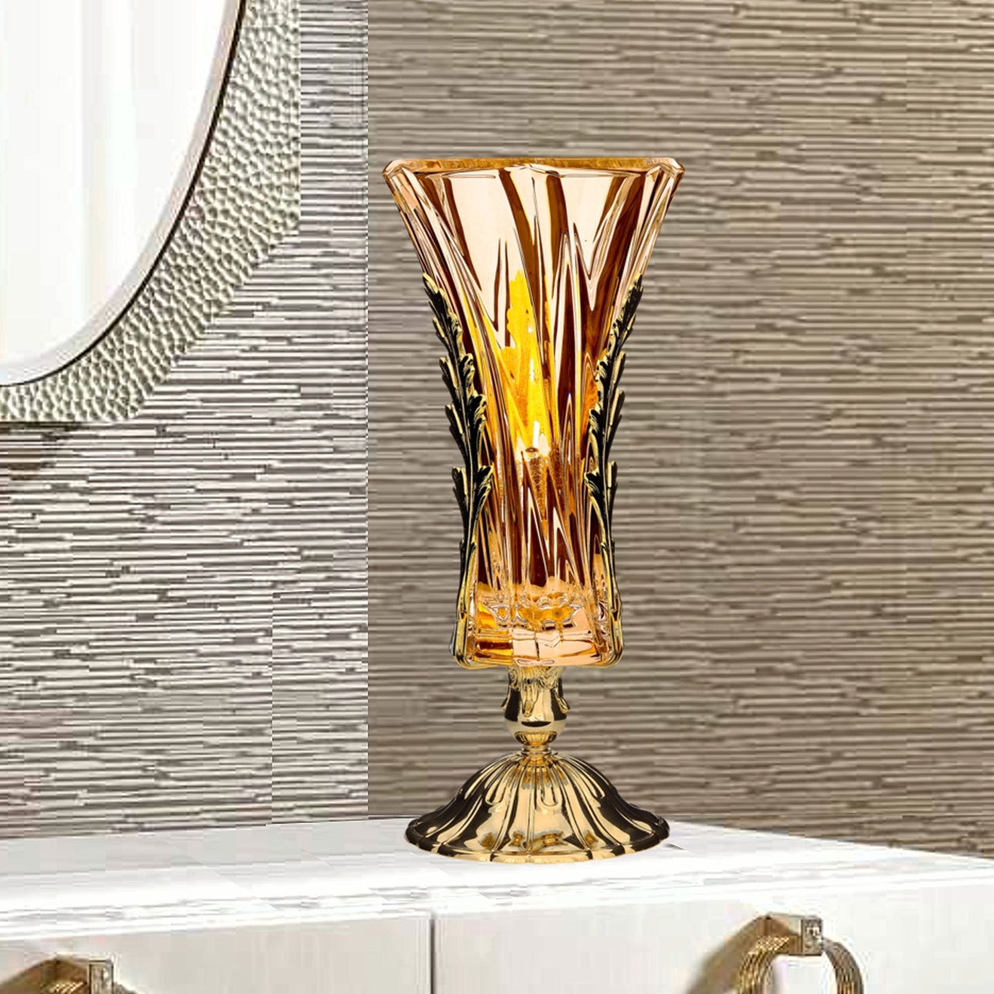 DUBAI VASE AMBER GLASS GOLD METAL BASE WITH LEAVES - DC3203/OR-AM