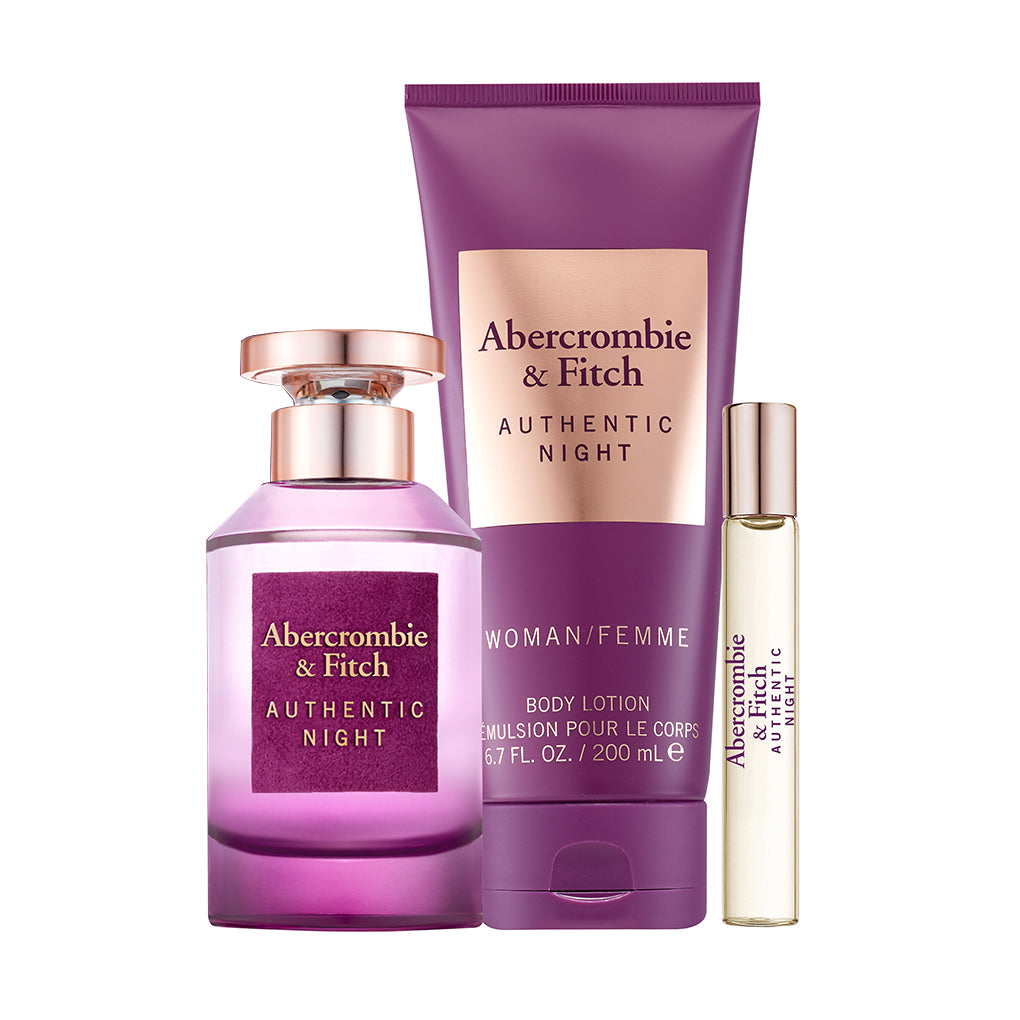 ABERCROMBIE & FITCH-AUTHENTIC NIGHT FOR WOMEN
GIFT SET EAU DE PARFUM 100ML +15ml TRAVEL SPRAY+200ml HAND & BODY WASH