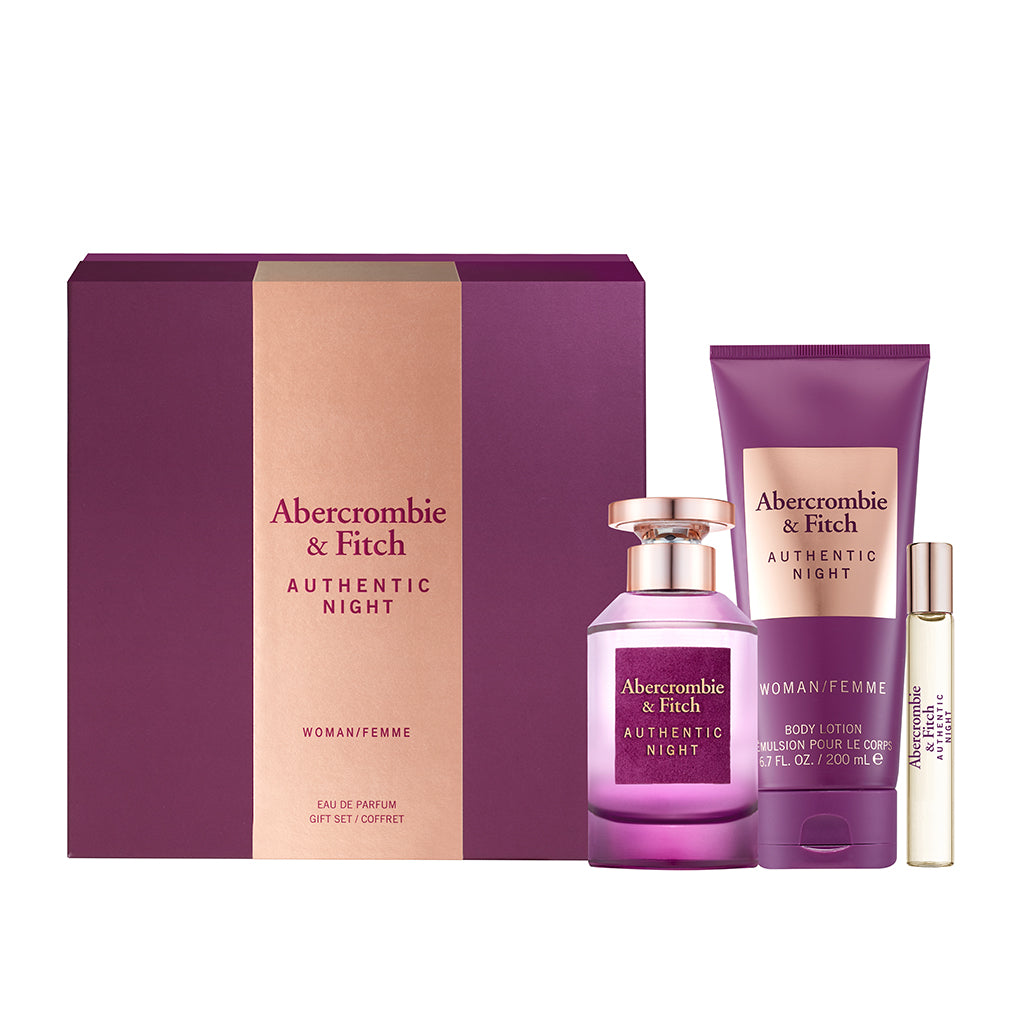 ABERCROMBIE & FITCH-AUTHENTIC NIGHT FOR WOMEN GIFT SET EAU DE PARFUM 100ML +15ml TRAVEL SPRAY+200ml HAND & BODY WASH