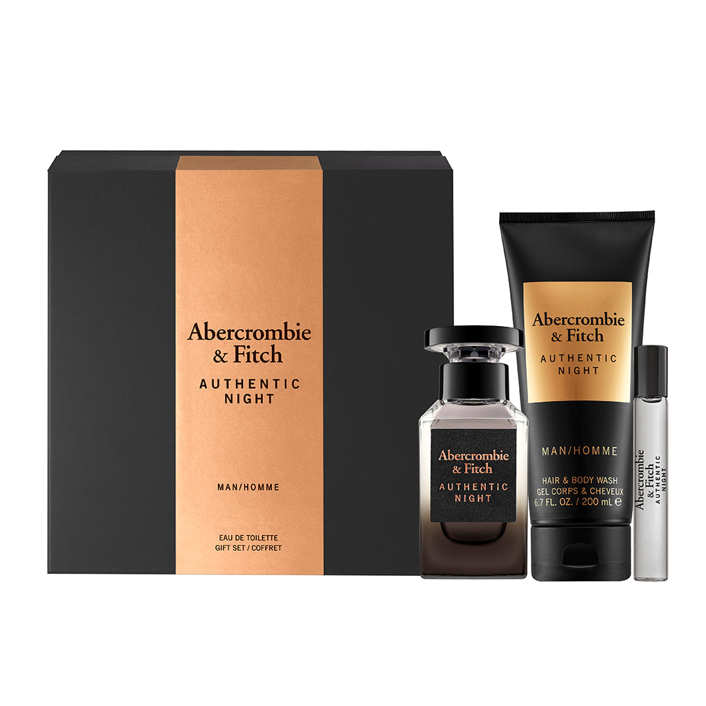 ABERCROMBIE & FITCH-AUTHENTIC NIGHT FOR MEN GIFT SET EAU DE TOILETTE 100ML +15ml TRAVEL SPRAY+200ml HAND & BODY WASH