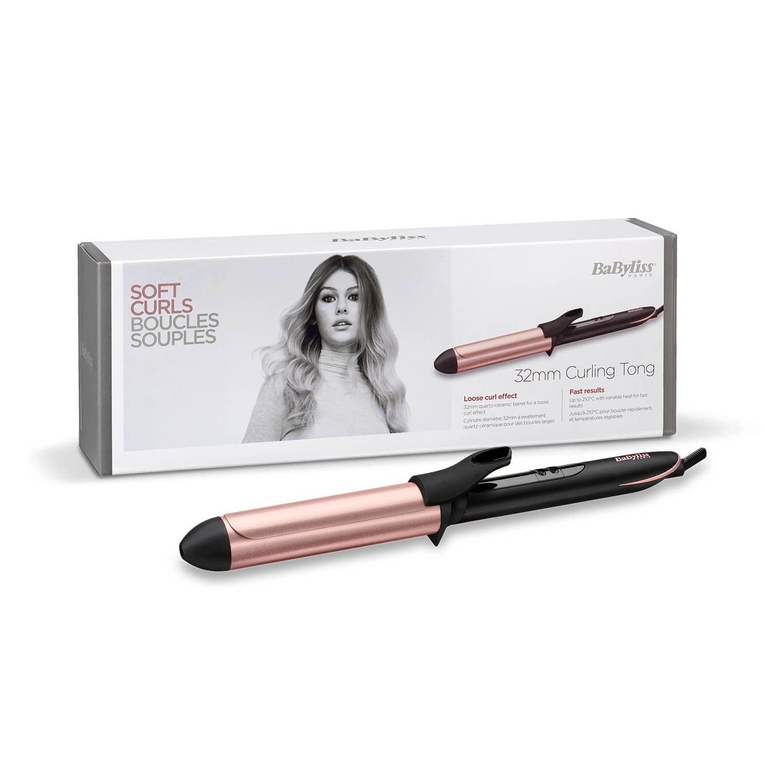 BABYLISS ROSE QUARTZ CURLING IRON 32MM BARREL  6 TEMP QUARTZ CERAMIC - C452SDE