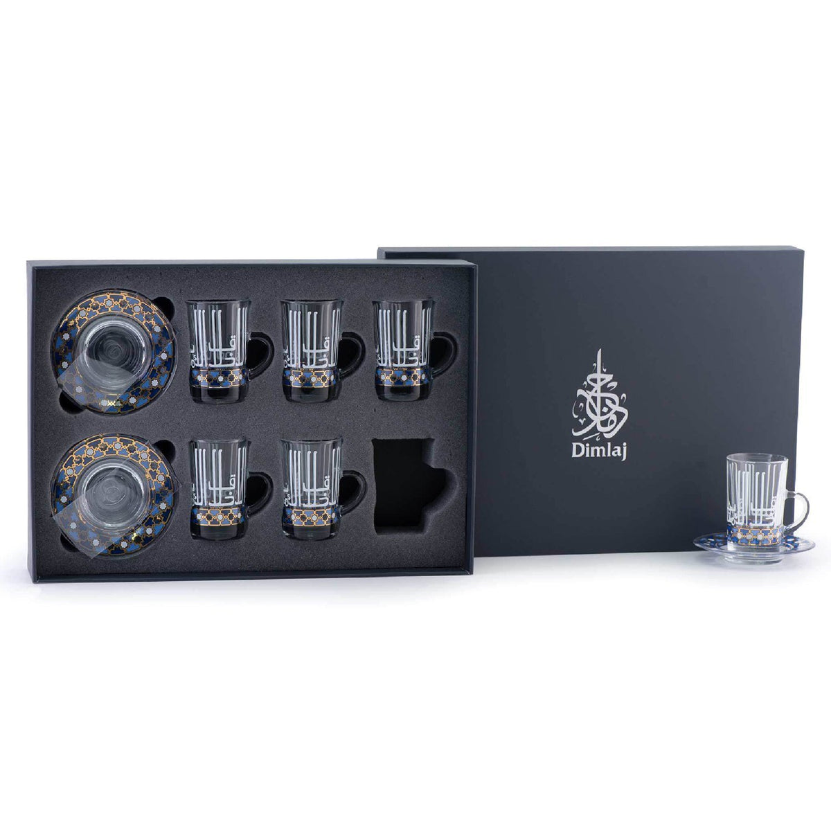 Dimlaj Asala Tea Cup and Saucer Set - Clear, Gold and Blue, 12 Pieces - 46676 - Jashanmal Home