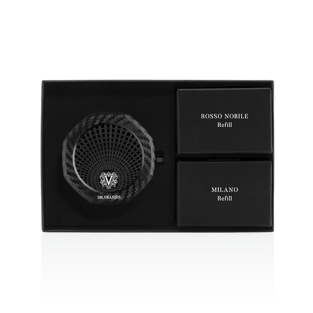 DR. VRANJES -CAR PARFUM GIFTBOX (Carbon fiber dispenser + 2 refills ROSSO NOBILE-MILANO)