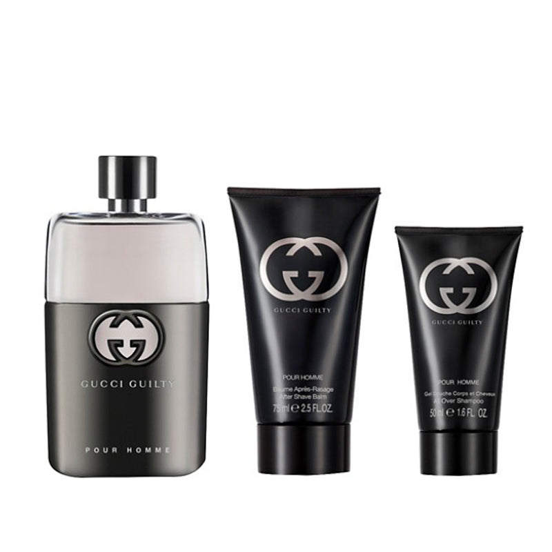 GUCCI GUILTY POUR HOMME GIFTSETEAU DE TOILETTE 90ml + 75ml AFTERSHAVE BALM+50ml SHOWER GEL NATURAL SPRAY