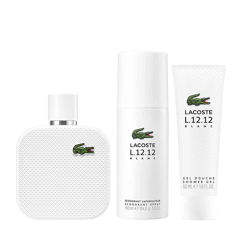 Lacoste L12.12 Blanc Gift Set 100ml EDT+ 150ml Deodorant Spray + 50ml Shower Gel