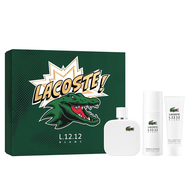 Lacoste L. 12.12 Blanc Gift Set (100ml EDT + 150ml Deodorant Spray + 50ml Shower Gel)