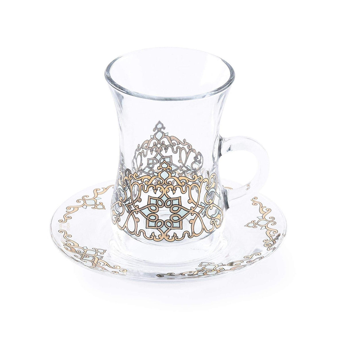 Dimlaj Regal Tea Glass and Saucer - Gold and Green, Set of 12 - 20805 - Jashanmal Home